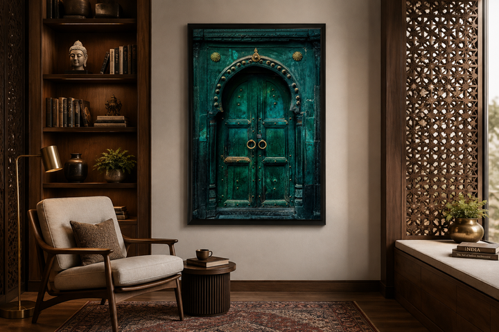 Rustic teal turquoise green vintage Indian door canvas wall art in a cozy, wood-paneled room.