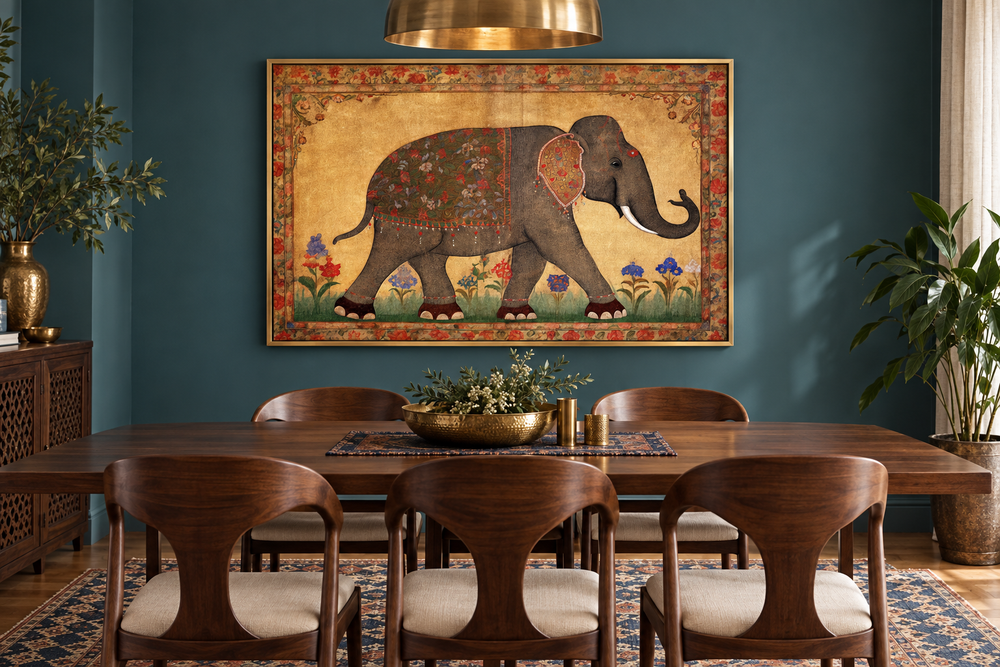 Traditional framed canvas wall art featuring a decorated Indian elephant on a gold background.