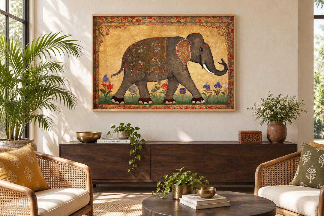Traditional framed canvas wall art featuring a detailed Indian elephant in a lush jungle setting.