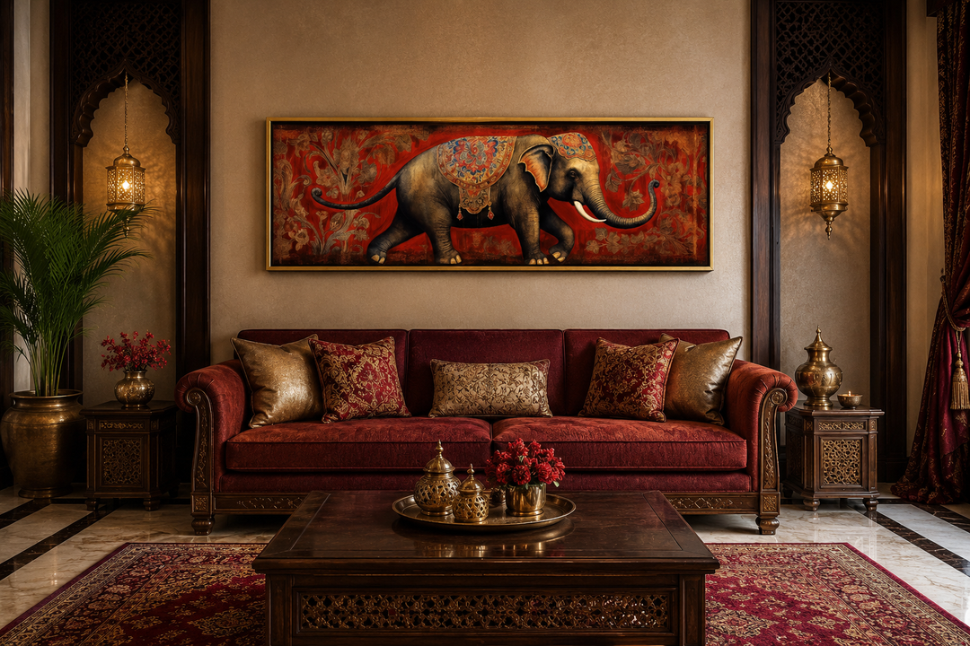 Panoramic framed canvas wall art of a traditional Indian elephant on a red patterned background.