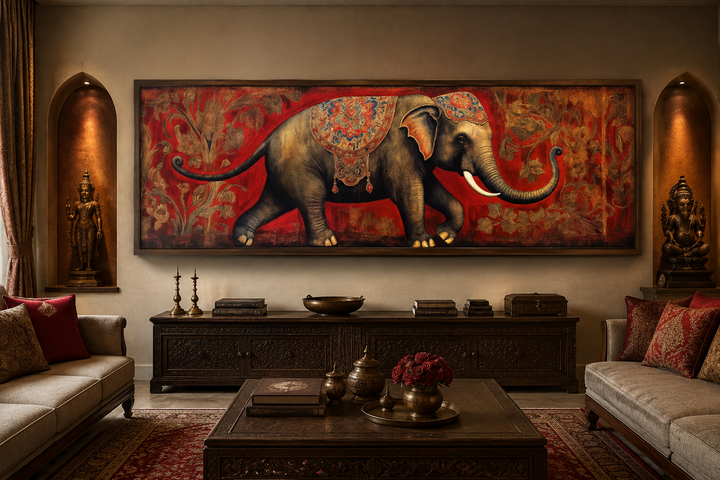 Panoramic framed canvas wall art featuring a traditional Indian elephant on a red floral background.