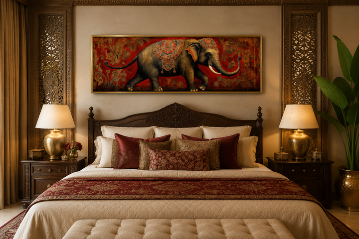 Indian Elephant Traditional Panoramic Framed Canvas Wall Art above a bed in a bedroom.