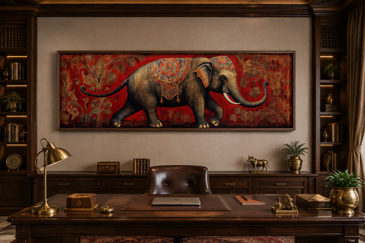 Panoramic framed canvas wall art of a traditional Indian elephant on a red floral background.