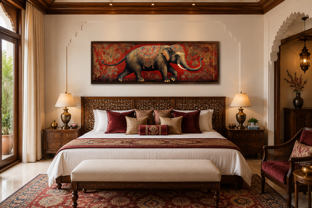 Indian Elephant Traditional Panoramic Framed Canvas Wall Art above a bed in a bedroom.