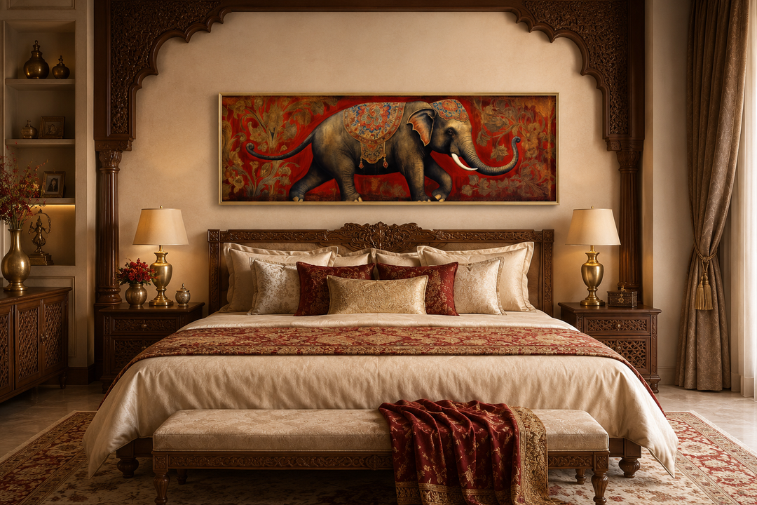 Panoramic framed canvas wall art of a traditional Indian elephant on a red patterned background.