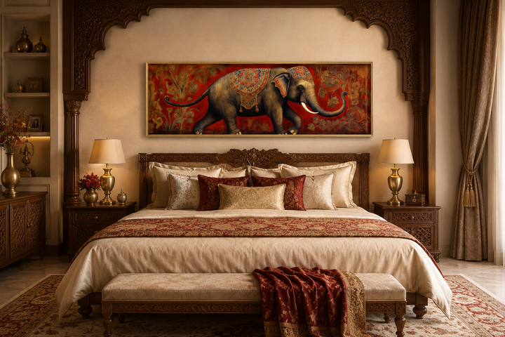 Panoramic framed canvas wall art of a traditional Indian elephant on a red patterned background.