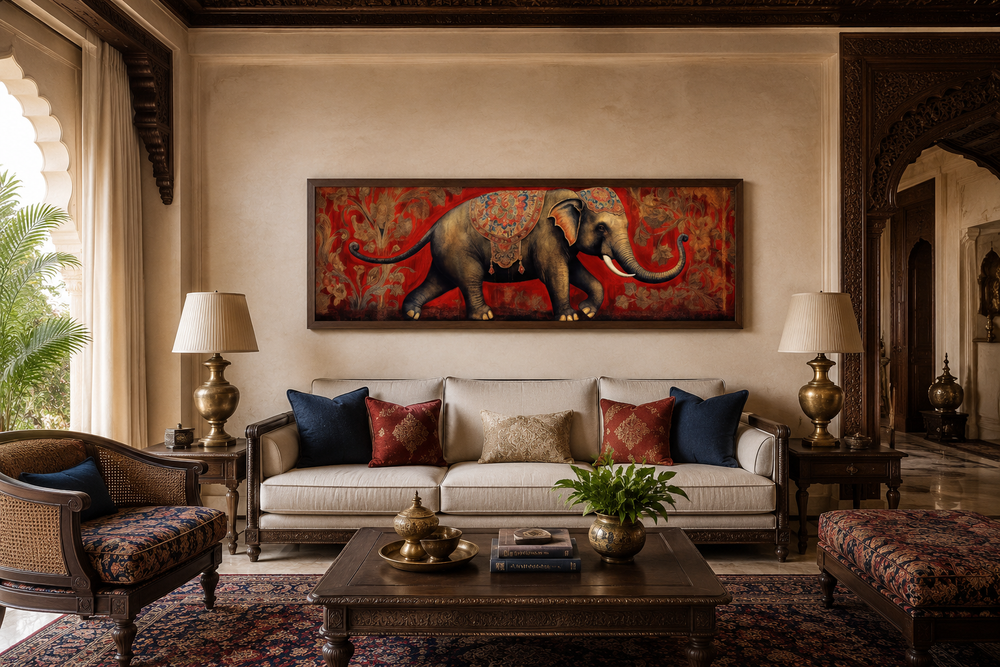 Panoramic framed canvas wall art featuring a traditional Indian elephant on a red patterned background