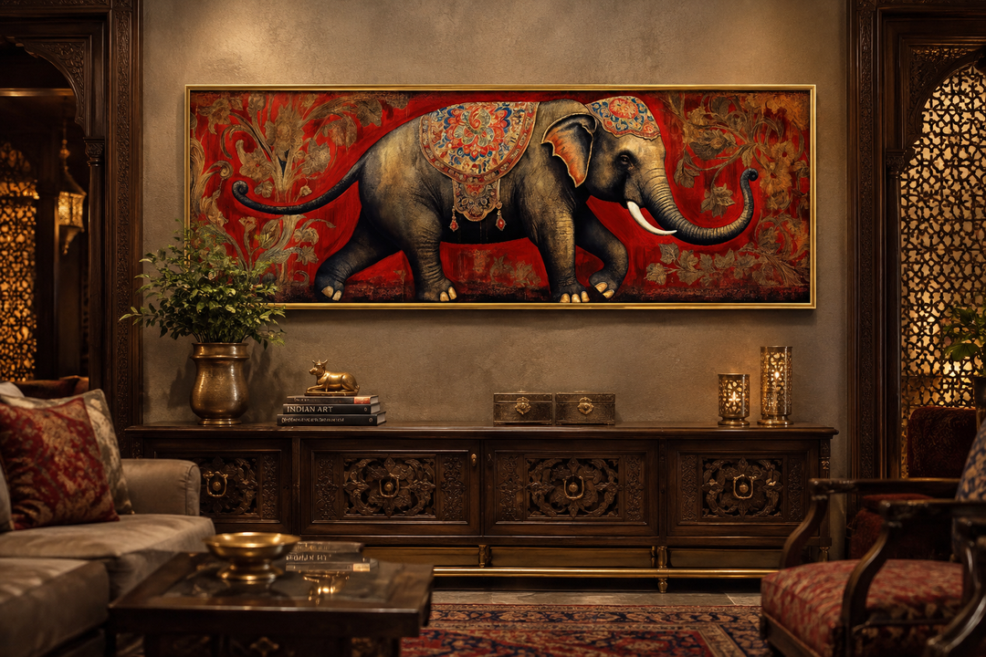 Panoramic framed canvas wall art of a majestic Indian elephant with ornate patterns on a red background.