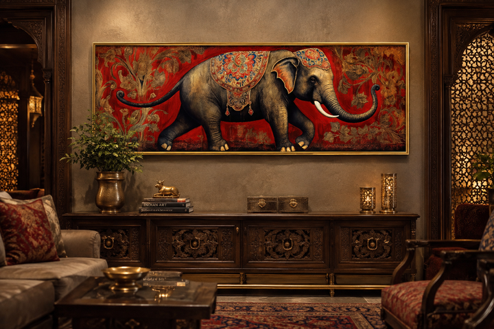Panoramic framed canvas wall art of a majestic Indian elephant with ornate patterns on a red background.