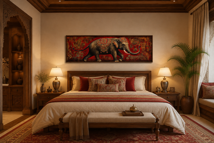 Panoramic framed canvas wall art of a traditional Indian elephant in a warm, elegant bedroom.