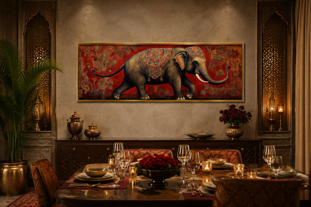 Panoramic framed canvas wall art of a traditional Indian elephant on a red patterned background.