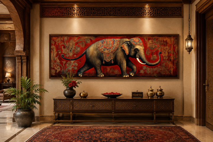 Panoramic framed canvas wall art featuring a traditional Indian elephant on a red floral background.