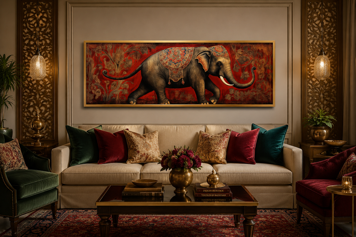 Panoramic framed canvas wall art of a traditional Indian elephant on a red patterned background.