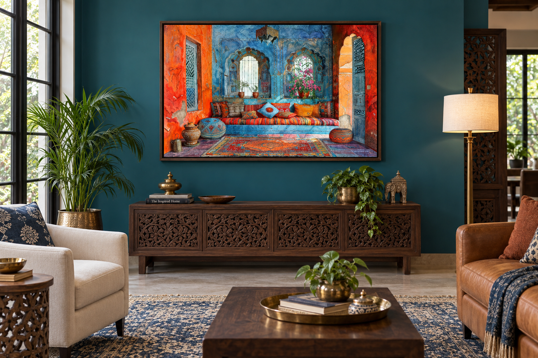Indian Living Room Framed Canvas Wall Art with vibrant Rajasthani interior design and architecture.