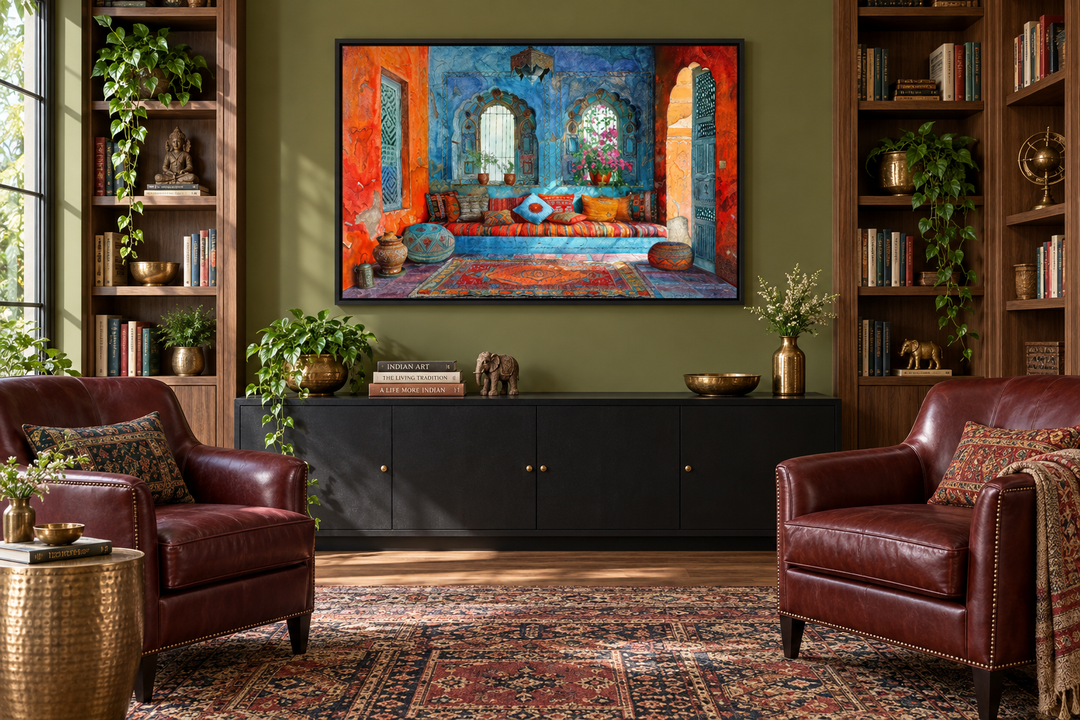 Indian Living Room Framed Canvas Wall Art featuring a vibrant Rajasthani interior scene.