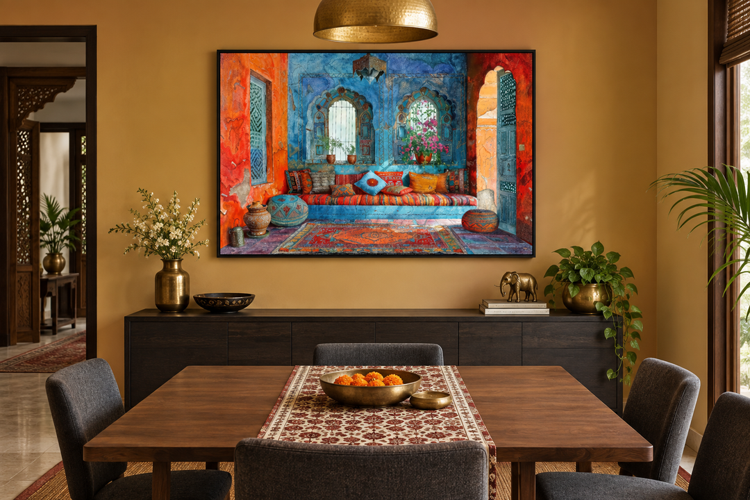 Indian Living Room Framed Canvas Wall Art featuring a vibrant Rajasthani interior above a sideboard.