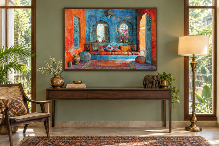 Indian Living Room Framed Canvas Wall Art featuring a vibrant Rajasthani interior scene.