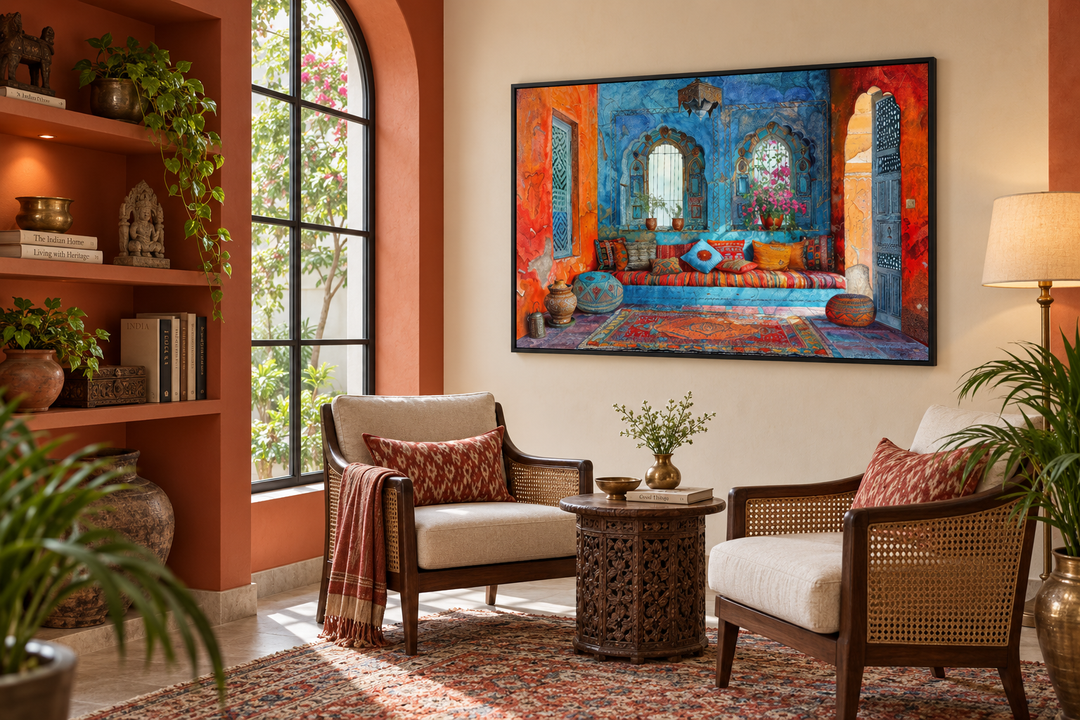 Vibrant Indian living room framed canvas wall art featuring a colorful Rajasthani interior scene.