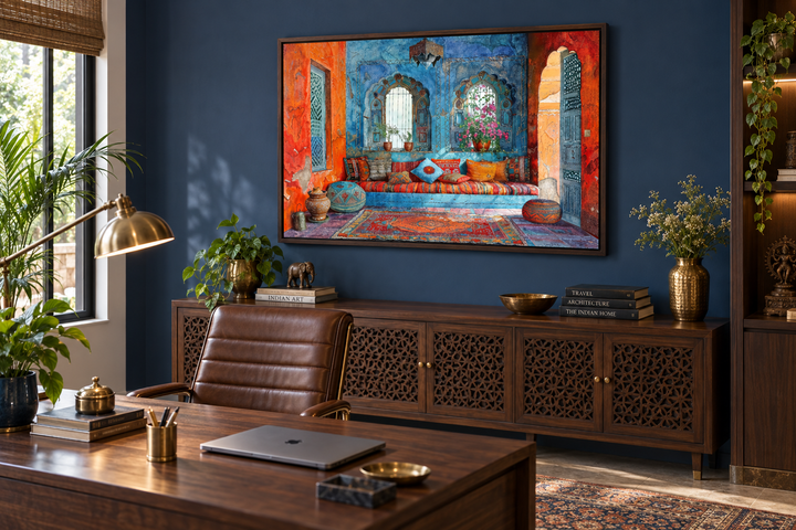 Indian Living Room Framed Canvas Wall Art in a dark blue office with a wooden desk and sideboard.
