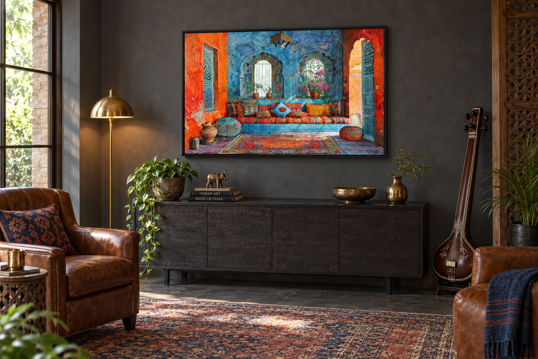 Indian Living Room Framed Canvas Wall Art featuring a vibrant Rajasthani interior in a dark room.