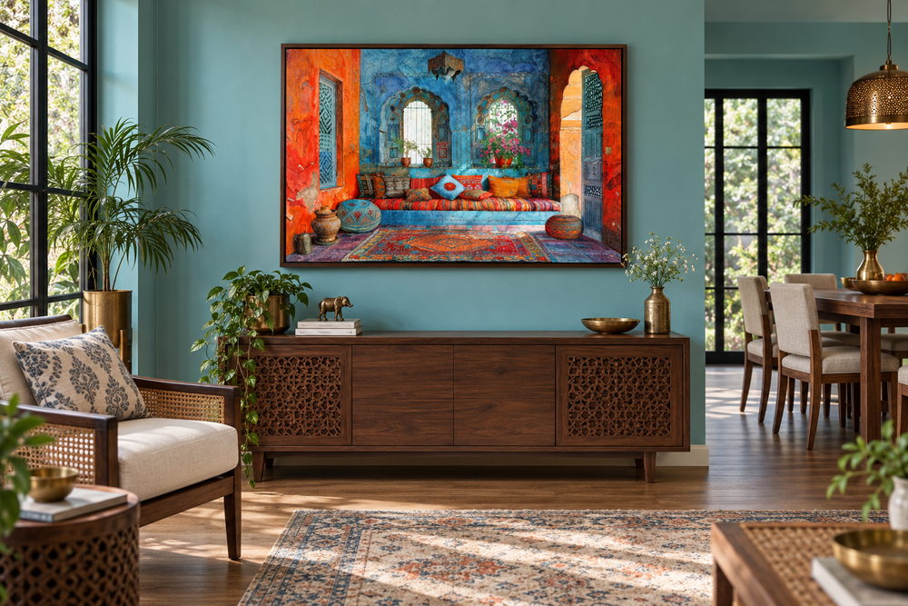 Indian Living Room Framed Canvas Wall Art featuring a vibrant Rajasthani interior scene.
