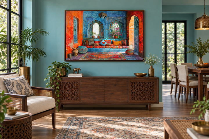Indian Living Room Framed Canvas Wall Art featuring a vibrant Rajasthani interior scene.