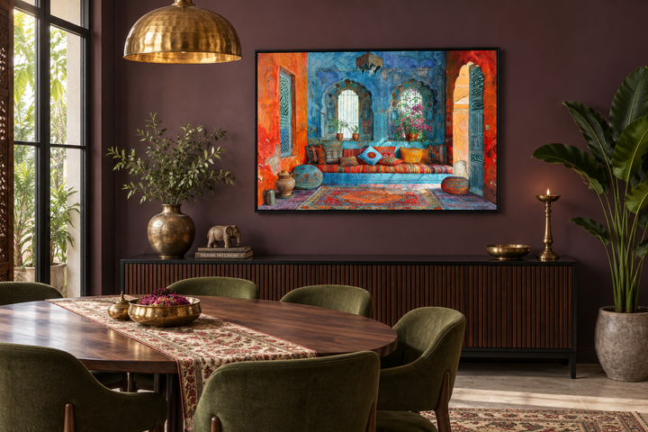 Indian Living Room Framed Canvas Wall Art featuring a vibrant Rajasthani interior in a dining room.