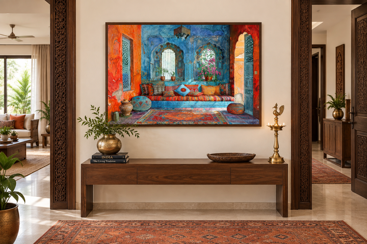 Vibrant Indian living room framed canvas wall art featuring Rajasthani architectural motifs.