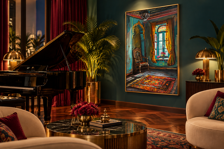 Traditional Indian room painting with a window and ornate textiles on a framed canvas wall art.