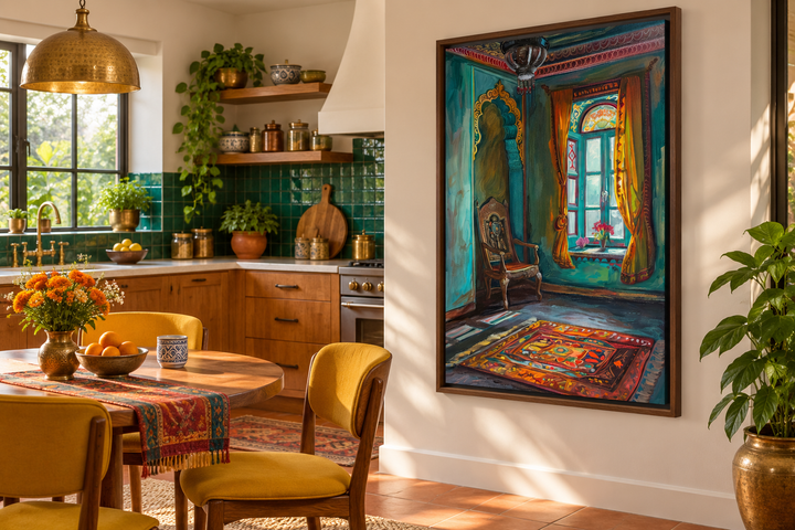 Framed canvas wall art depicting a traditional Indian room with a window, chair, and ornate rug.