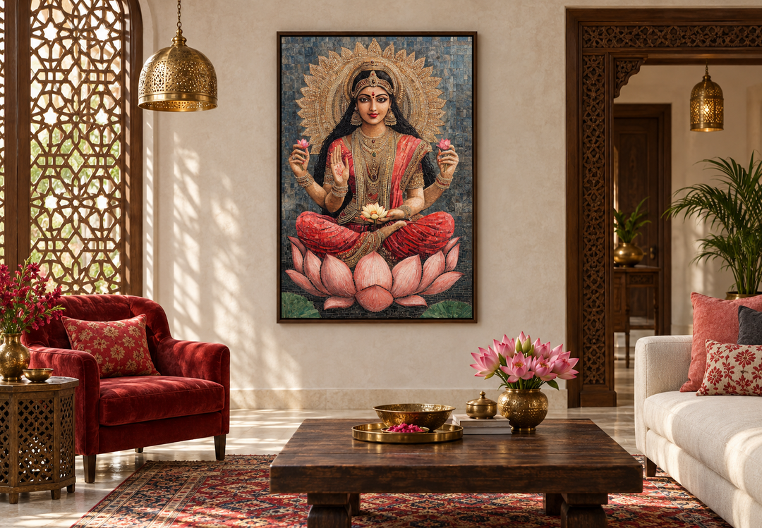 Mosaic-style wall art of Goddess Lakshmi seated on a lotus flower in a warm, traditional room.