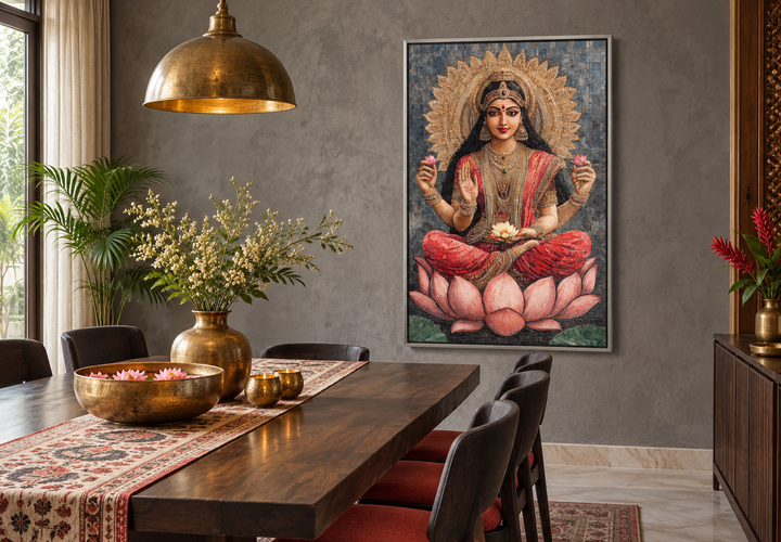 Mosaic-style Goddess Lakshmi wall art on a grey wall above a wooden dining table with lotus decor.