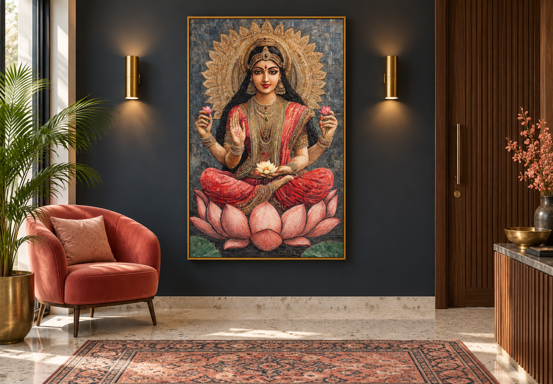 Mosaic-style wall art of Goddess Lakshmi on a lotus flower, displayed in a modern living room.