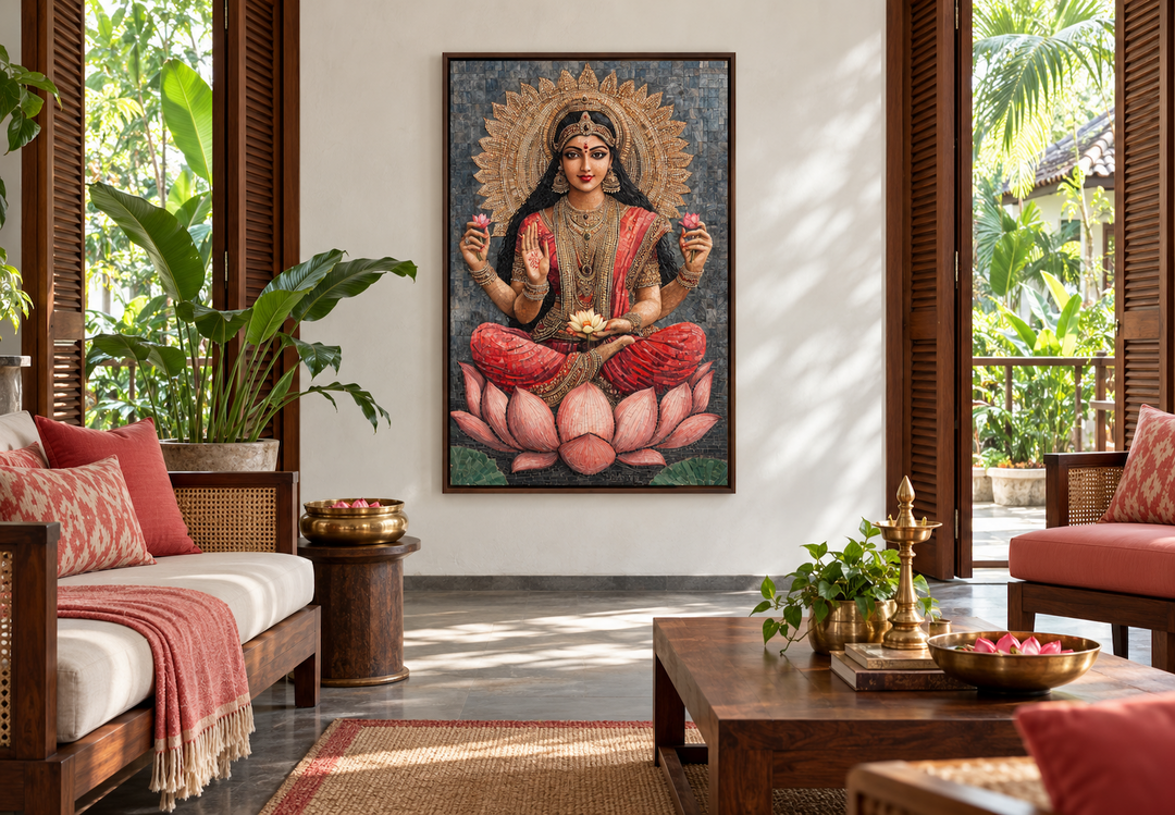Mosaic-style wall art of Goddess Lakshmi seated on a lotus flower in a warm, modern living room.