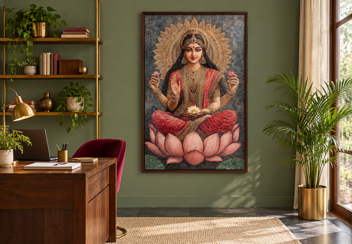 Mosaic-style wall art of Goddess Lakshmi seated on a lotus flower in a home office setting.