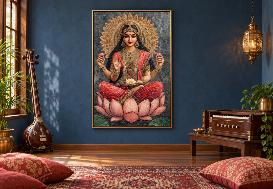 Mosaic-style Goddess Lakshmi wall art seated on a lotus flower in a serene, blue-walled room.
