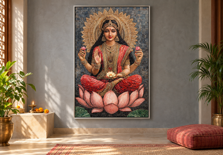 Mosaic-style canvas art of Goddess Lakshmi seated on a lotus flower, framed on a grey wall.