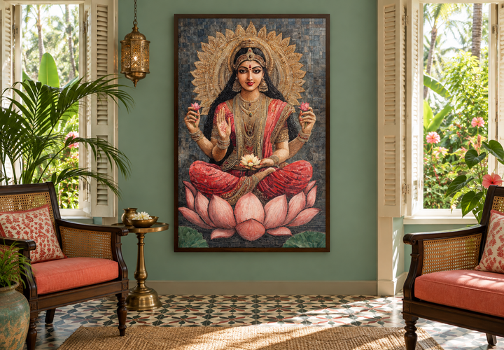 Goddess Lakshmi mosaic-style wall art on a green wall between two windows in a tropical room.