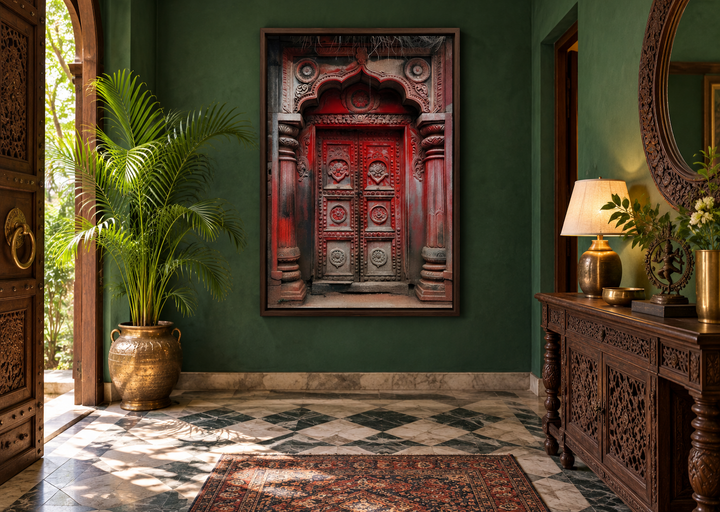 Framed canvas wall art of a dark red burgundy ornate Indian door in a green-walled room.