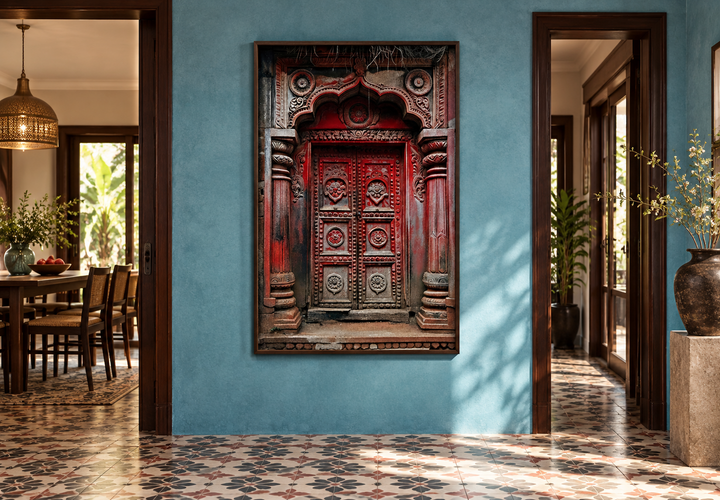 Dark red burgundy Indian door painting framed canvas wall art on a blue wall in a modern home.