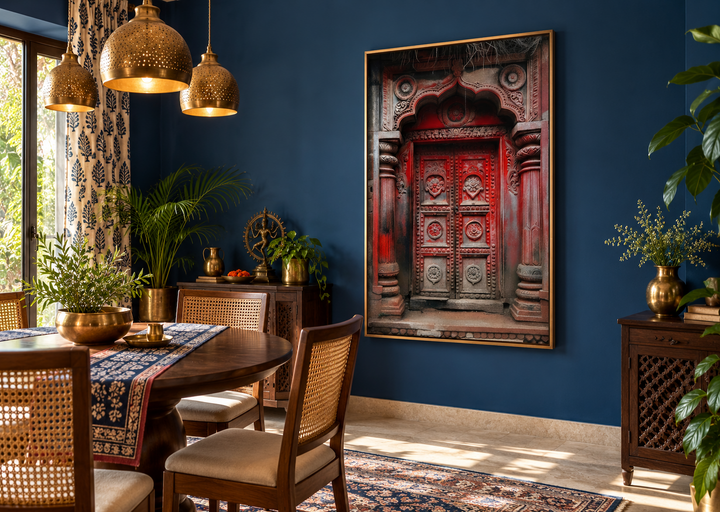 Framed canvas wall art of an ornate dark red and burgundy Indian door in a blue dining room.