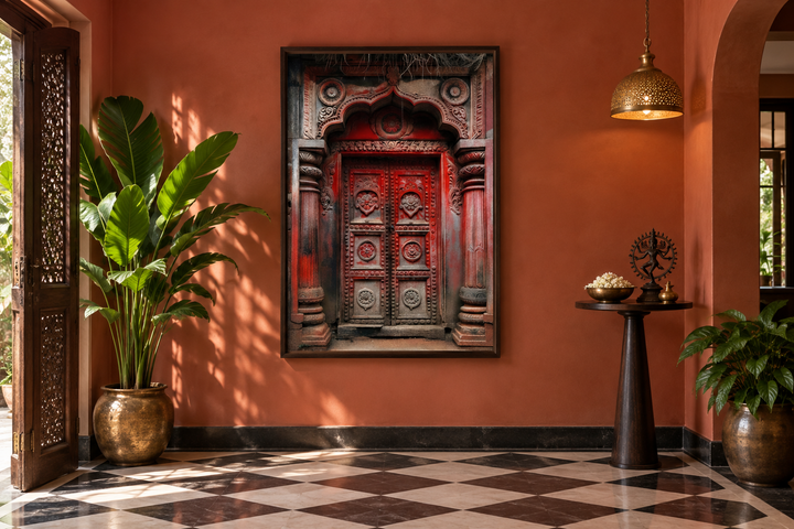 Framed canvas wall art of a dark red burgundy ornate Indian door in a terracotta-colored room.
