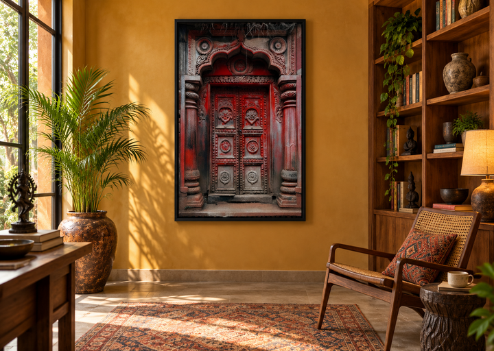 Dark red burgundy Indian door painting framed canvas wall art in a warm, sunlit living room.
