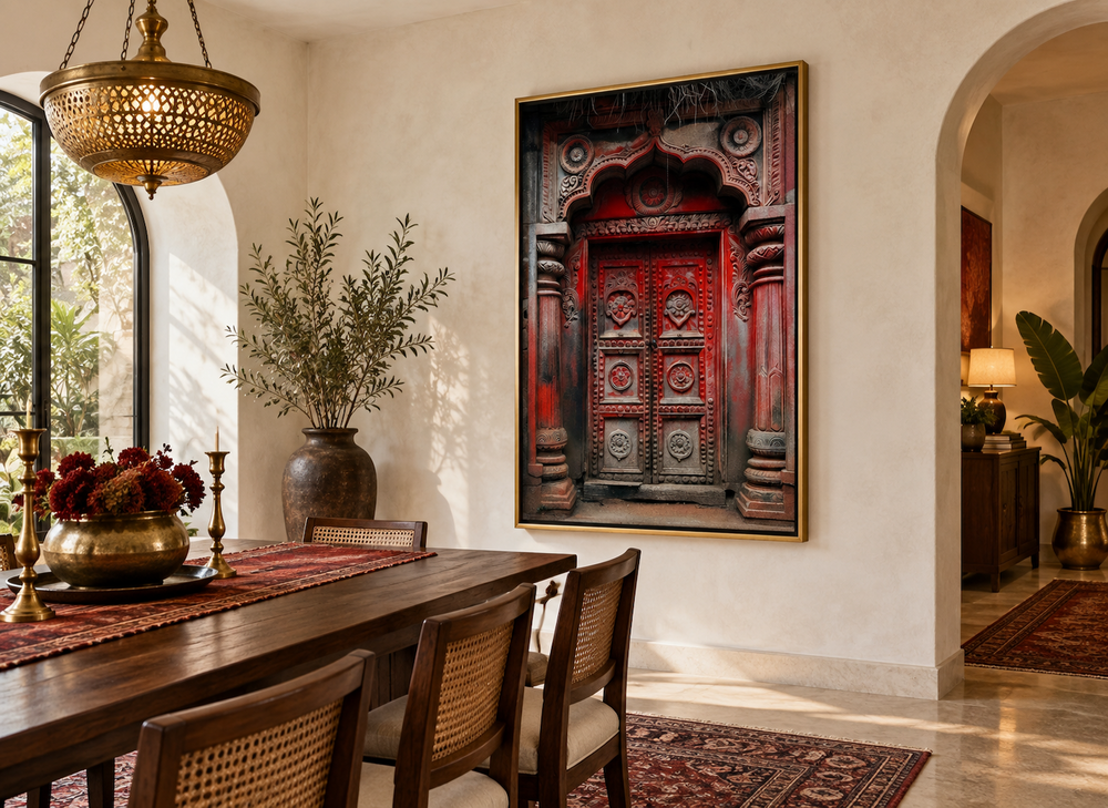 Dark red burgundy Indian door painting framed canvas wall art in a rustic dining room.