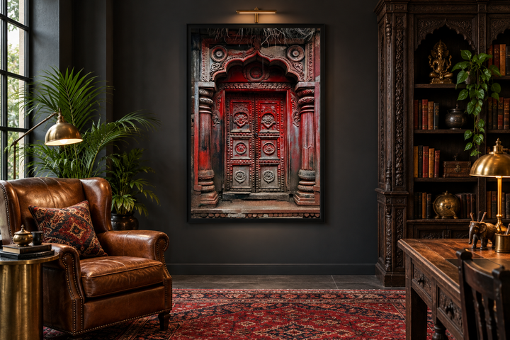 Framed canvas wall art of a dark red burgundy ornate Indian door in a moody, classic study room.