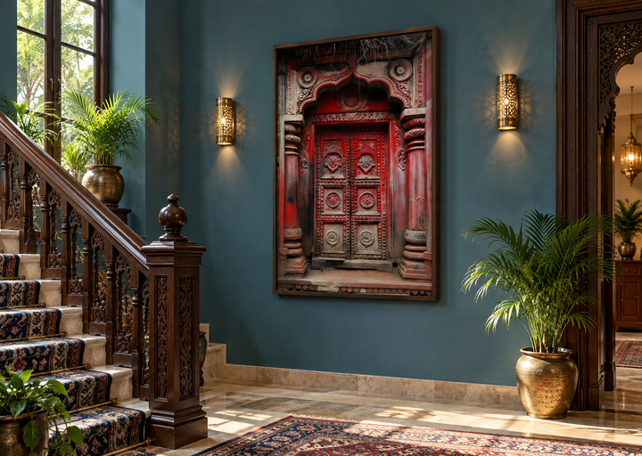 Dark red burgundy Indian door painting framed canvas wall art in a teal room with a wooden staircase.