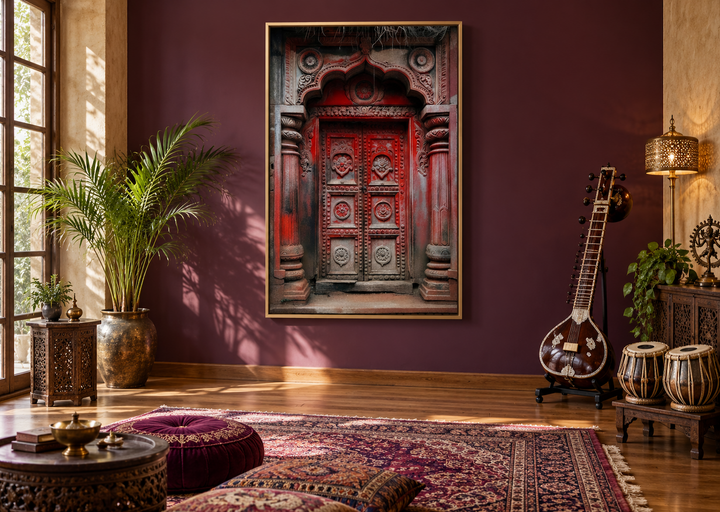 Framed canvas wall art of a dark red and burgundy ornate Indian door in a bohemian living room.