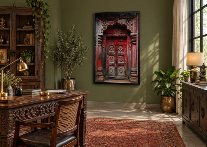 Framed canvas wall art of a dark red burgundy ornate Indian door in a green-walled home office.