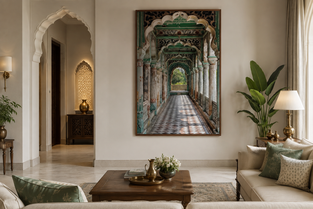Large framed canvas wall art of a Mughal architectural hallway with green arches and tiled floors.