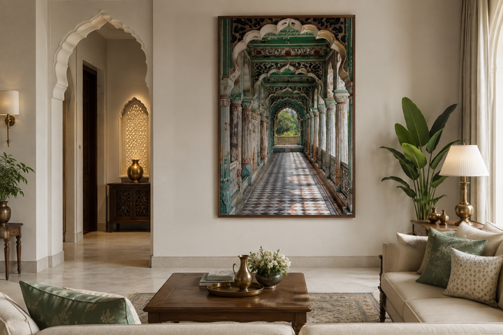 Large framed canvas wall art of a Mughal architectural hallway with green arches and tiled floors.